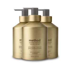 Method Gel Hand Soap, Hyacinth + Ylang Ylang, Reusable Gold Aluminum Bottle, Biodegradable Formula, 12 oz (Pack of 3)