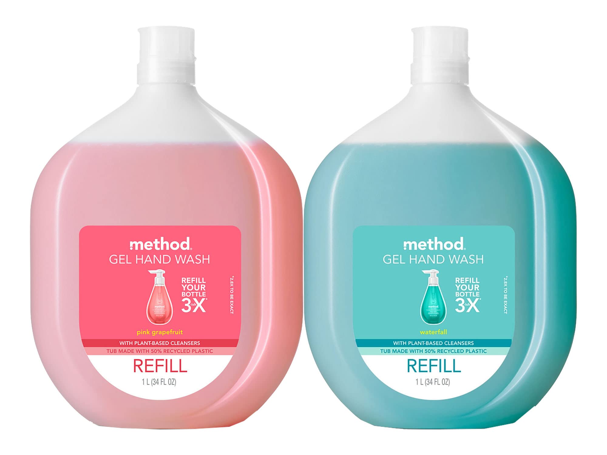 Method Gel Hand Soap Refill, Pink Grapefruit, Waterfall, 34 Fl Oz each, 2 CT (Variety Pack)