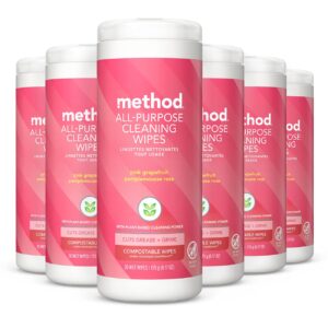 method all-purpose cleaning wipes, pink grapefruit, multi-surface, compostable, 30 count (pack of 6)