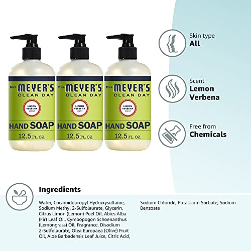 Mrs. Meyer's Clean Day Liquid Hand Soap, Cruelty-Free, and Biodegradable Hand Wash Made with Essential Oils, Lemon Verbena Scent, 12.5 Oz (Pack of 3)