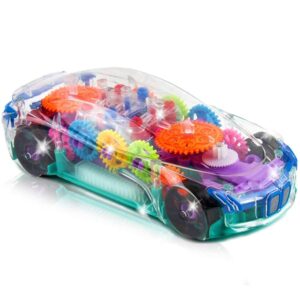 artcreativity light up transparent sensory car toy for kids, 1pc, bump and go toy car with colorful moving gears, music, and led effects, fun educational toy for kids, great birthday gift idea