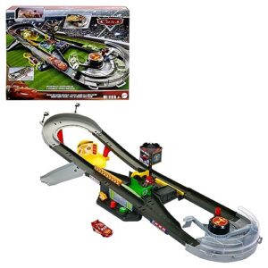 mattel disney and pixar cars track set, piston cup action speedway playset with lightning mcqueen toy race car, wind-up booster