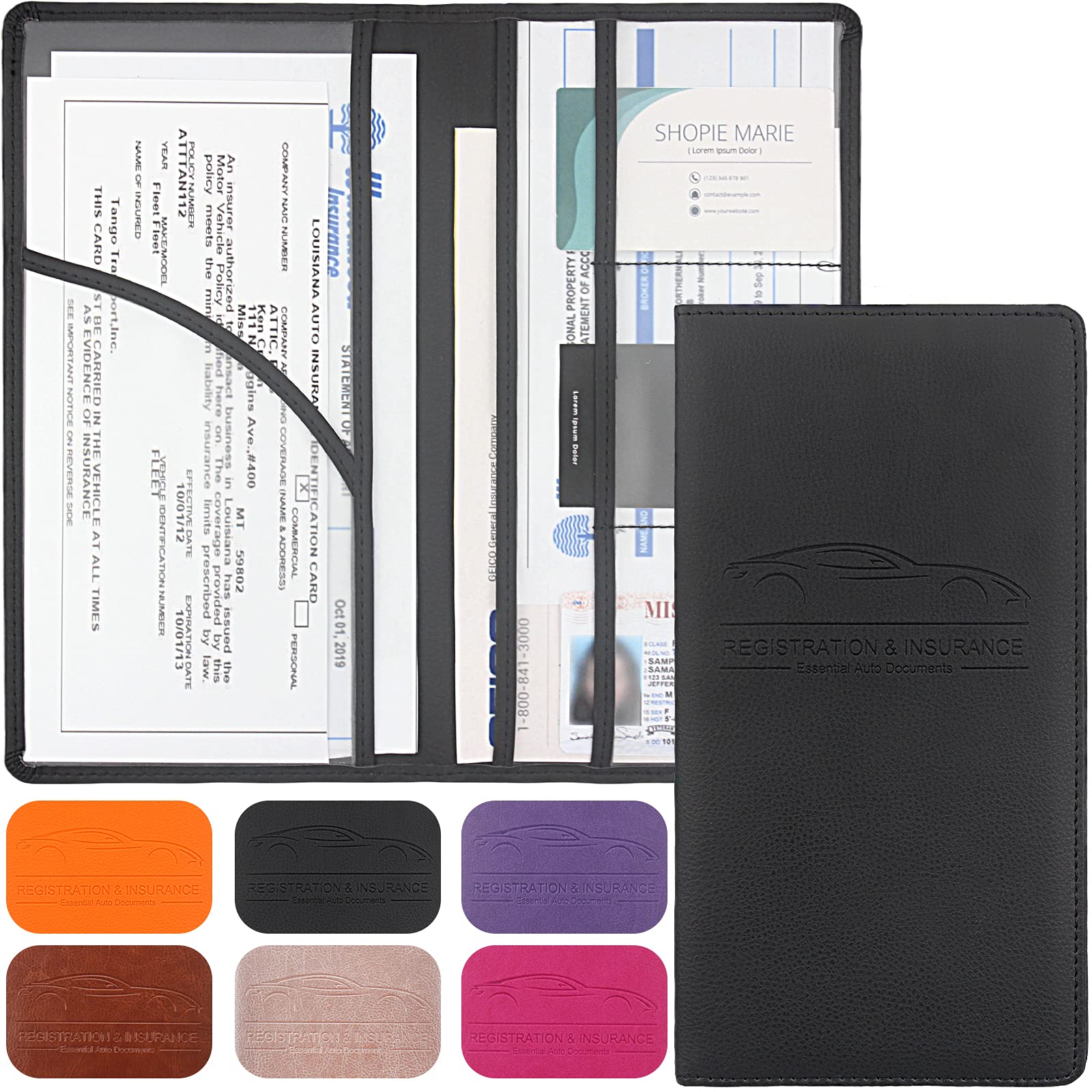 LumiMokki Premium Leather Car Registration & Insurance Card Holder with Magnetic Shut - For Documents, Cards, License (Black)