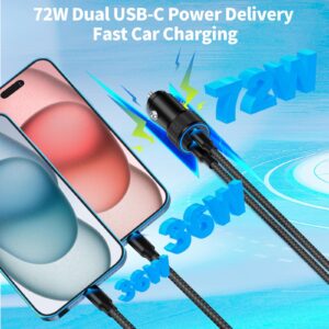 【MFi Certified】iPhone 15 Fast Car Charger, Linocell 72W Dual PD Car Power Cigarette Lighter USB-C Fast Car Charge Adapter+2Pack Type-C Braided Cable for iPhone 15/15 Pro/iPad Pro/Galaxy S24/S23/Pixel