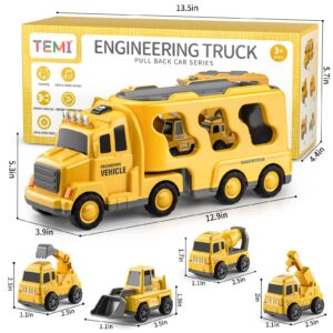 TEMI 5-in-1 Construction Truck for 3-9 Year Old Boys and Girls - Friction Power Vehicle Car for Toddlers 1-3, Carrier for Kids 3-5 - Christmas and Birthday Gifts