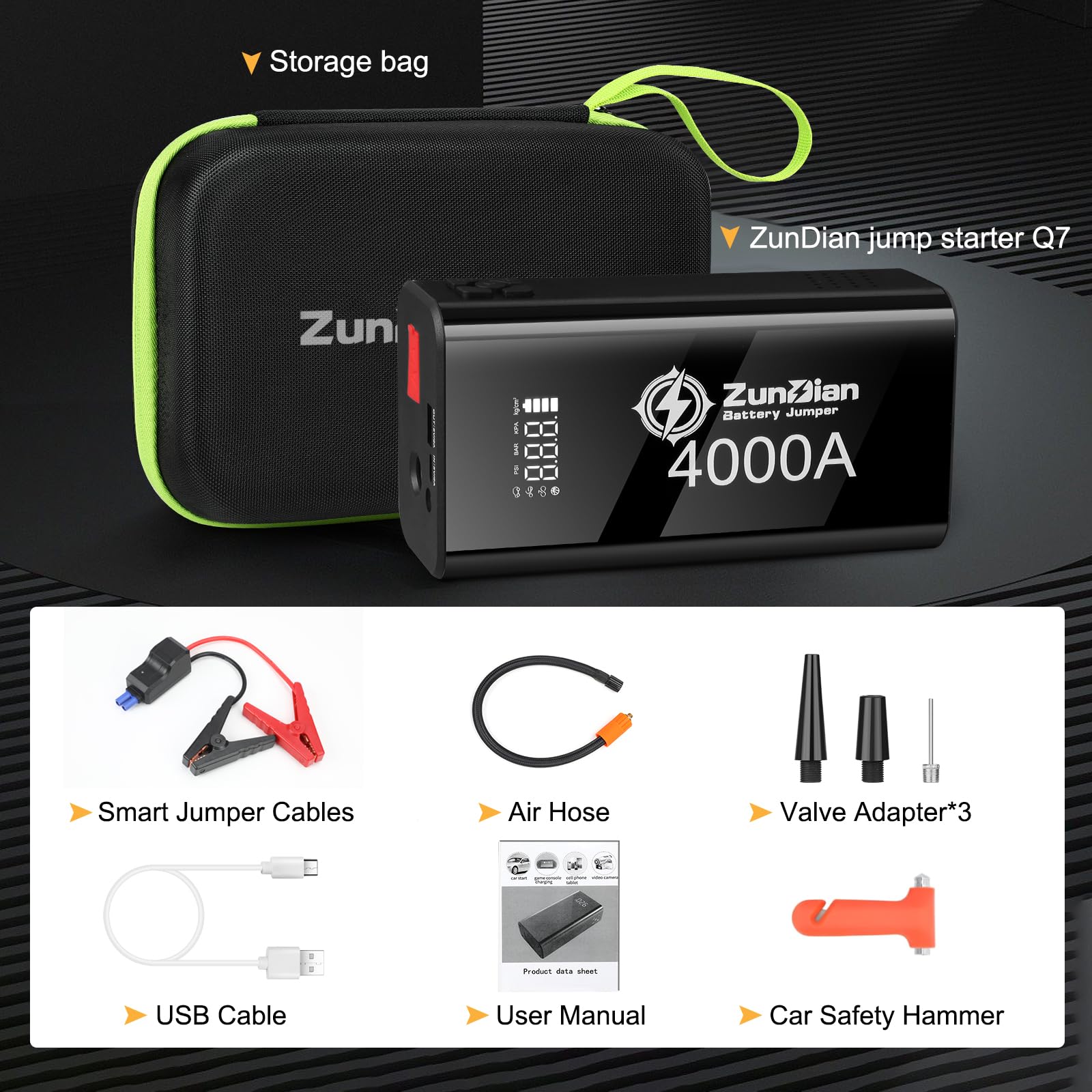 Jump Starter, 4000A Battery Jumper Charger 150PSI Air Compressor, Portable Jump Starter, 12V Lithium Jump Box Battery Power Pack(10.0L Gas/8.0L Diesel), Jumper Cables, QC 3.0, Flashlight, LCD Display