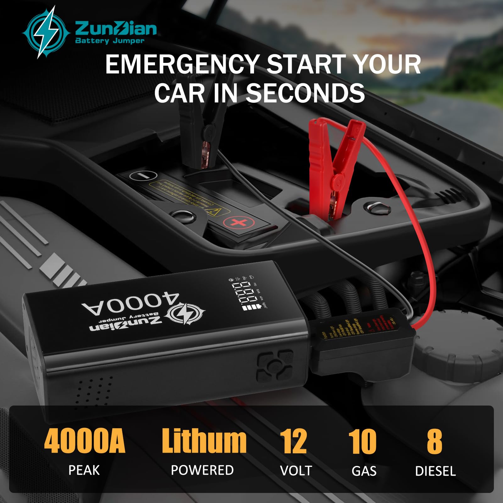 Jump Starter, 4000A Battery Jumper Charger 150PSI Air Compressor, Portable Jump Starter, 12V Lithium Jump Box Battery Power Pack(10.0L Gas/8.0L Diesel), Jumper Cables, QC 3.0, Flashlight, LCD Display