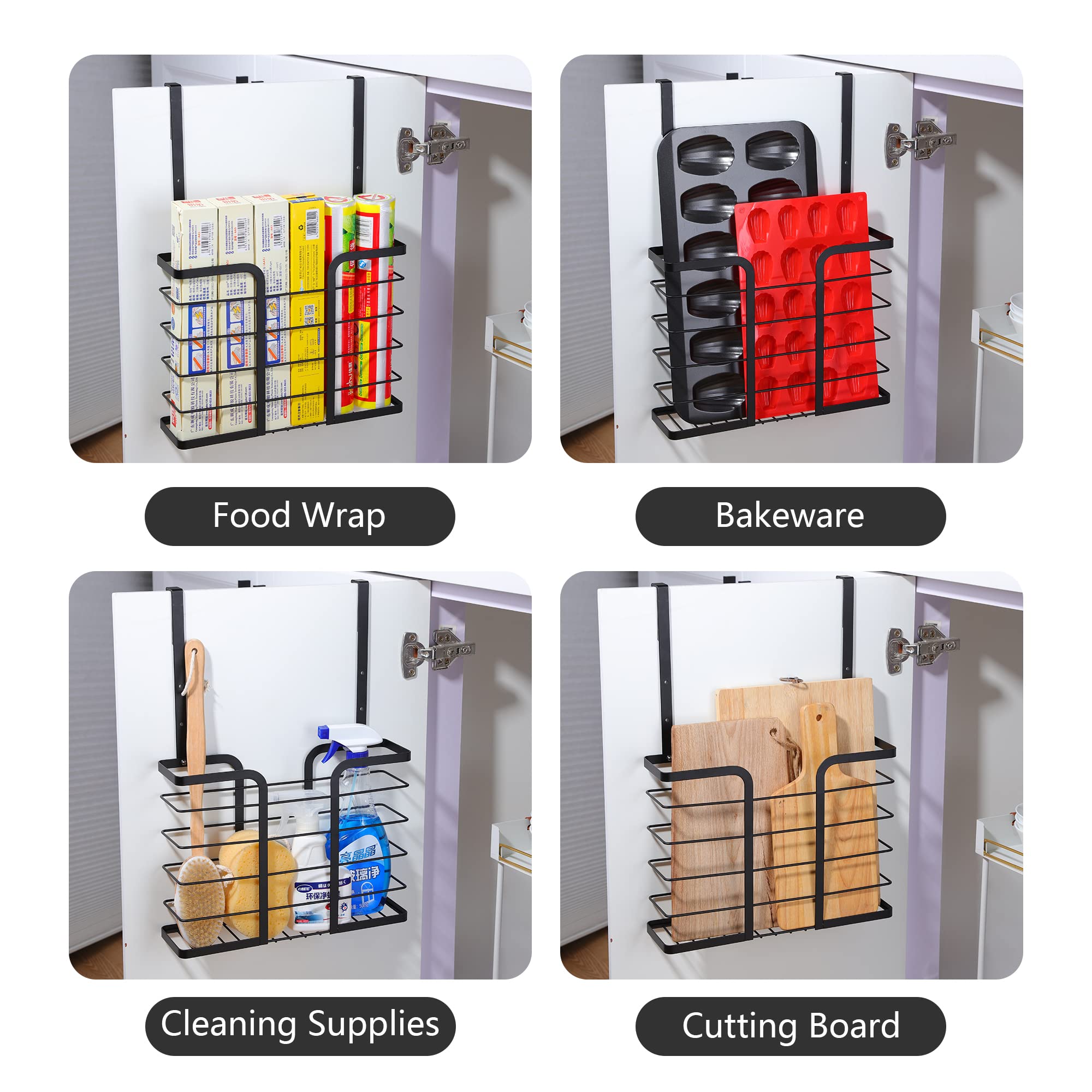 KEGII Cabient Door Organizer, Kitchen Cabinet Organizer, Cutting Board Holder Rack, Over The Cabinet Door Storage for Cutting Boards, Baking Sheets, Aluminum Foil, Cleaning Supplies, Black