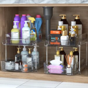 petisal 2 Tier Clear Organizer with Dividers, sliding out storage container, Bathroom Cabinet Storage, Under Sink Organizers, Kitchen, Medicine Storage Organizer, 2 Pack