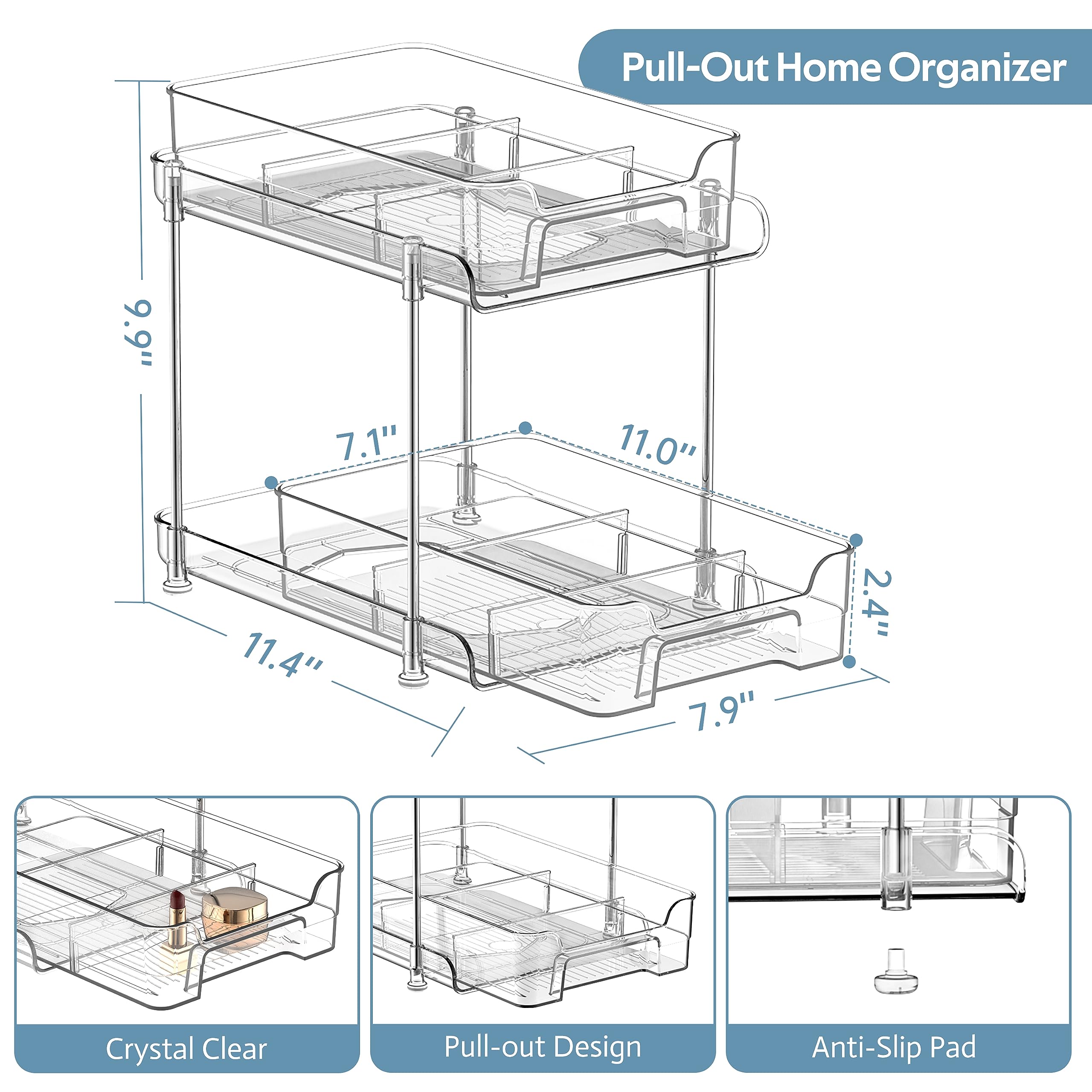 petisal 2 Tier Clear Organizer with Dividers, sliding out storage container, Bathroom Cabinet Storage, Under Sink Organizers, Kitchen, Medicine Storage Organizer, 2 Pack