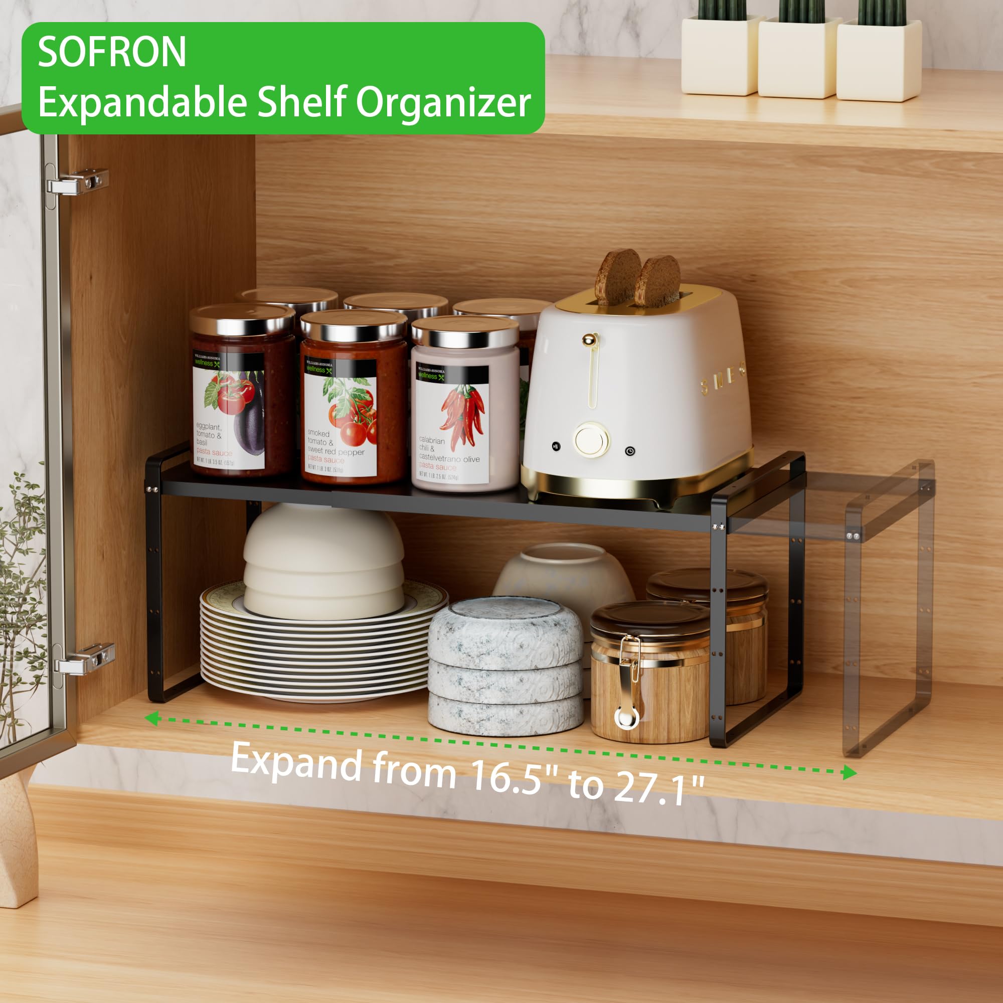 SOFRON Expandable Cabinet Storage Shelf Stackable Organizer Rack for Kitchen Bathroom Pantry Spice Cupboard Countertop Home Office Desk Heavy Duty Nonslip Black Large 1 PACK