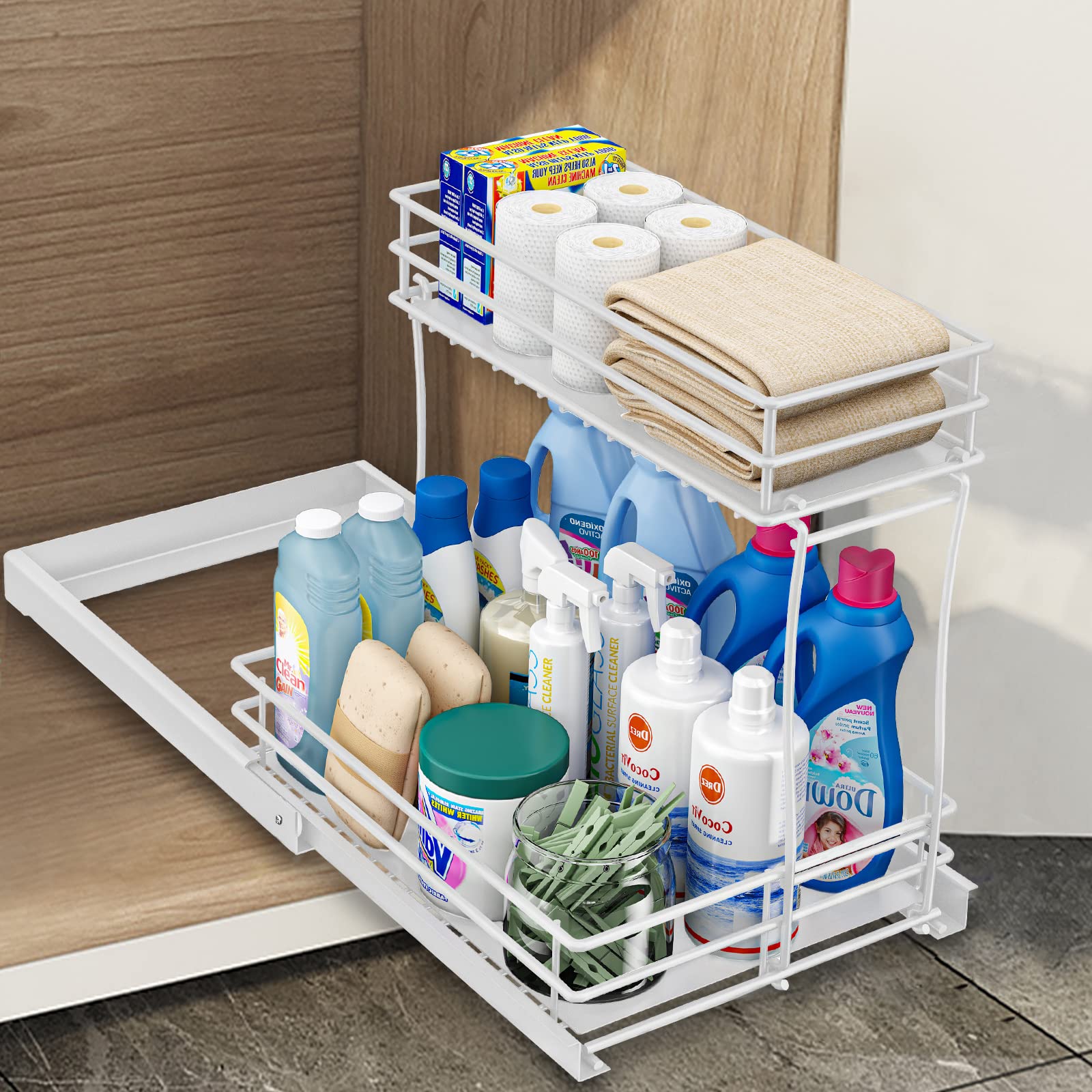 CD HOME Pull Out Cabinet Organizer, Under Sink Slide Out Storage Shelf with 2 Tier Sliding Wire Drawer,Least 13 Inch Cabinet Opening （White）