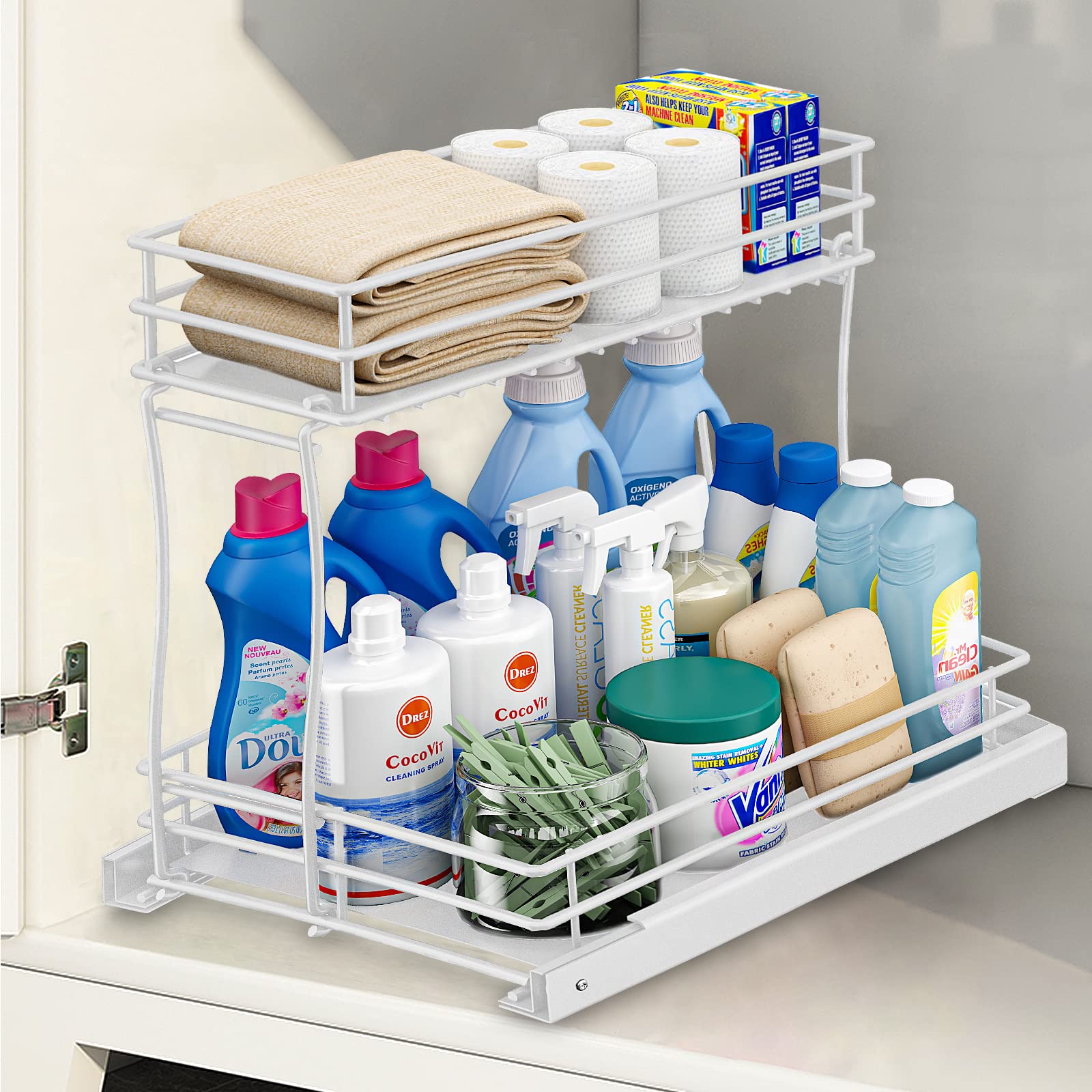 CD HOME Pull Out Cabinet Organizer, Under Sink Slide Out Storage Shelf with 2 Tier Sliding Wire Drawer,Least 13 Inch Cabinet Opening （White）