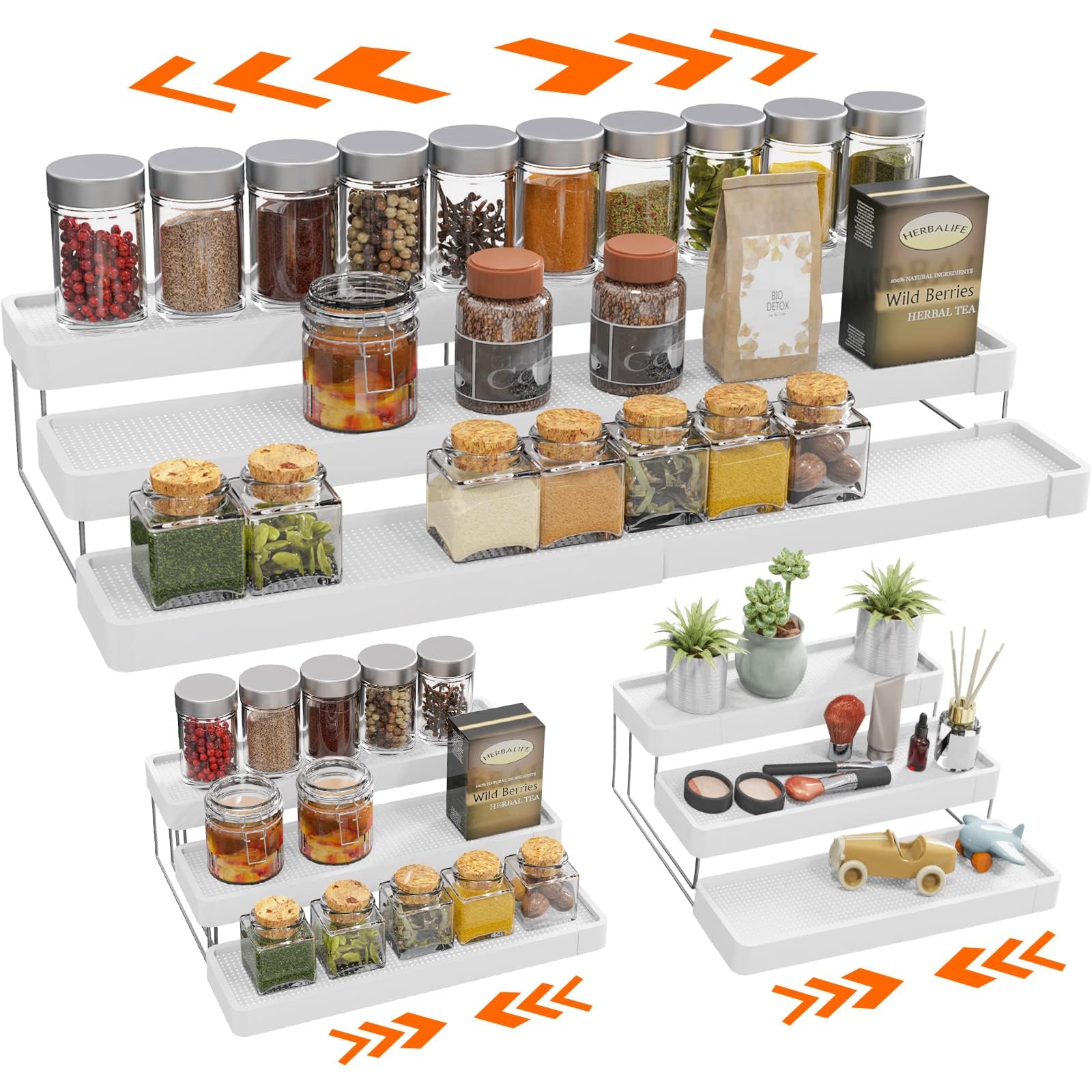 INVOCOO Expandable Spice Rack Organizer for Cabinet - 3 Tier Adjustable Cabinet Spice Organizer Easy Visibility - Spice Organizer for Cabinet Countertop Cupboard Pantry Organization (White)