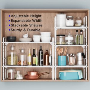 KIKIBRO Expandable Cabinet Shelf Organizer, Stackable Kitchen Pantry Counter Storage, Adjustable Closet Cupboard Stand Rack Risers Spice Organization 80LBS Heavy Duty White Small 1 Pack