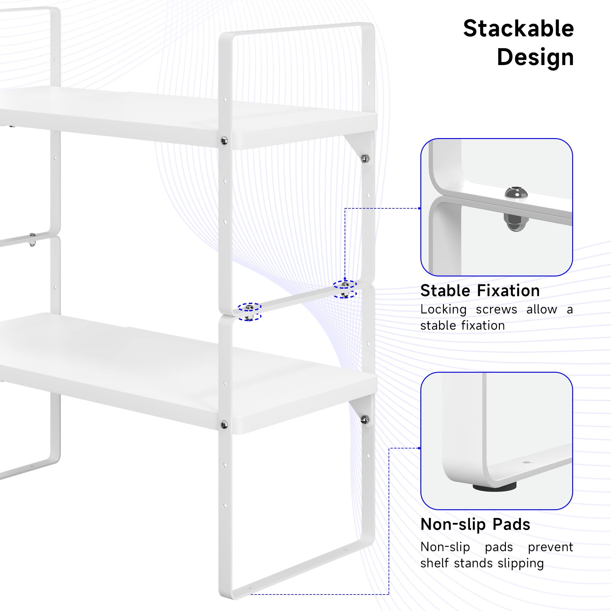 KIKIBRO Expandable Cabinet Shelf Organizer, Stackable Kitchen Pantry Counter Storage, Adjustable Closet Cupboard Stand Rack Risers Spice Organization 80LBS Heavy Duty White Small 1 Pack