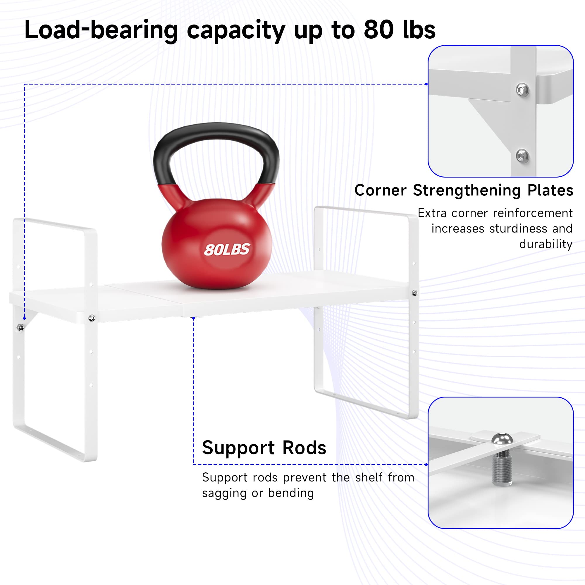 KIKIBRO Expandable Cabinet Shelf Organizer, Stackable Kitchen Pantry Counter Storage, Adjustable Closet Cupboard Stand Rack Risers Spice Organization 80LBS Heavy Duty White Small 1 Pack