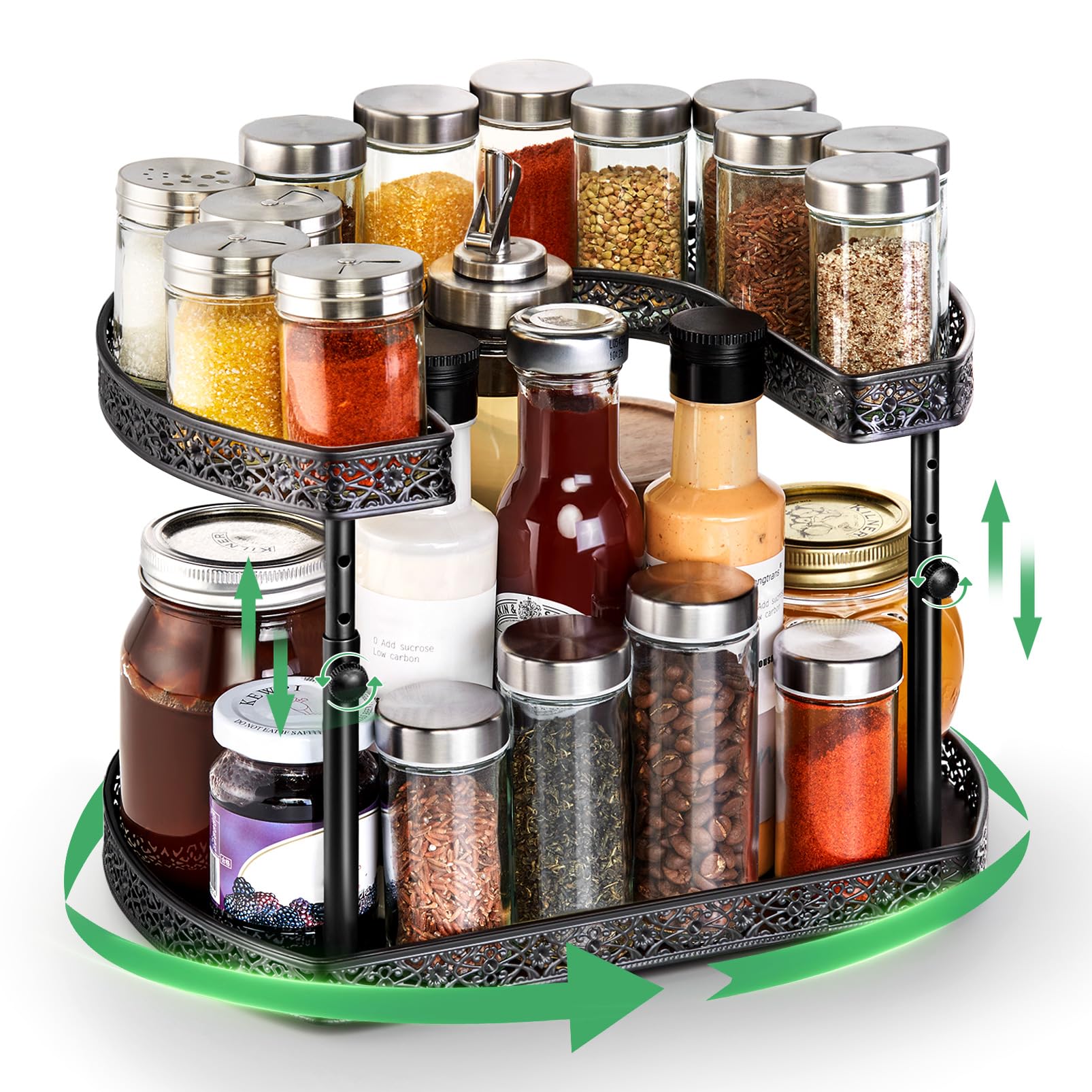 Spice Rack Lazy Susan Organizer - 2 Tier Rotating Spice Spinner for Cabinet with 4 Height Settings & Non-Slip Pad Kitchen Turntable Organization for Bathroom Pantry Countertop & Storage - Black Metal