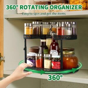 Spice Rack Lazy Susan Organizer - 2 Tier Rotating Spice Spinner for Cabinet with 4 Height Settings & Non-Slip Pad Kitchen Turntable Organization for Bathroom Pantry Countertop & Storage - Black Metal