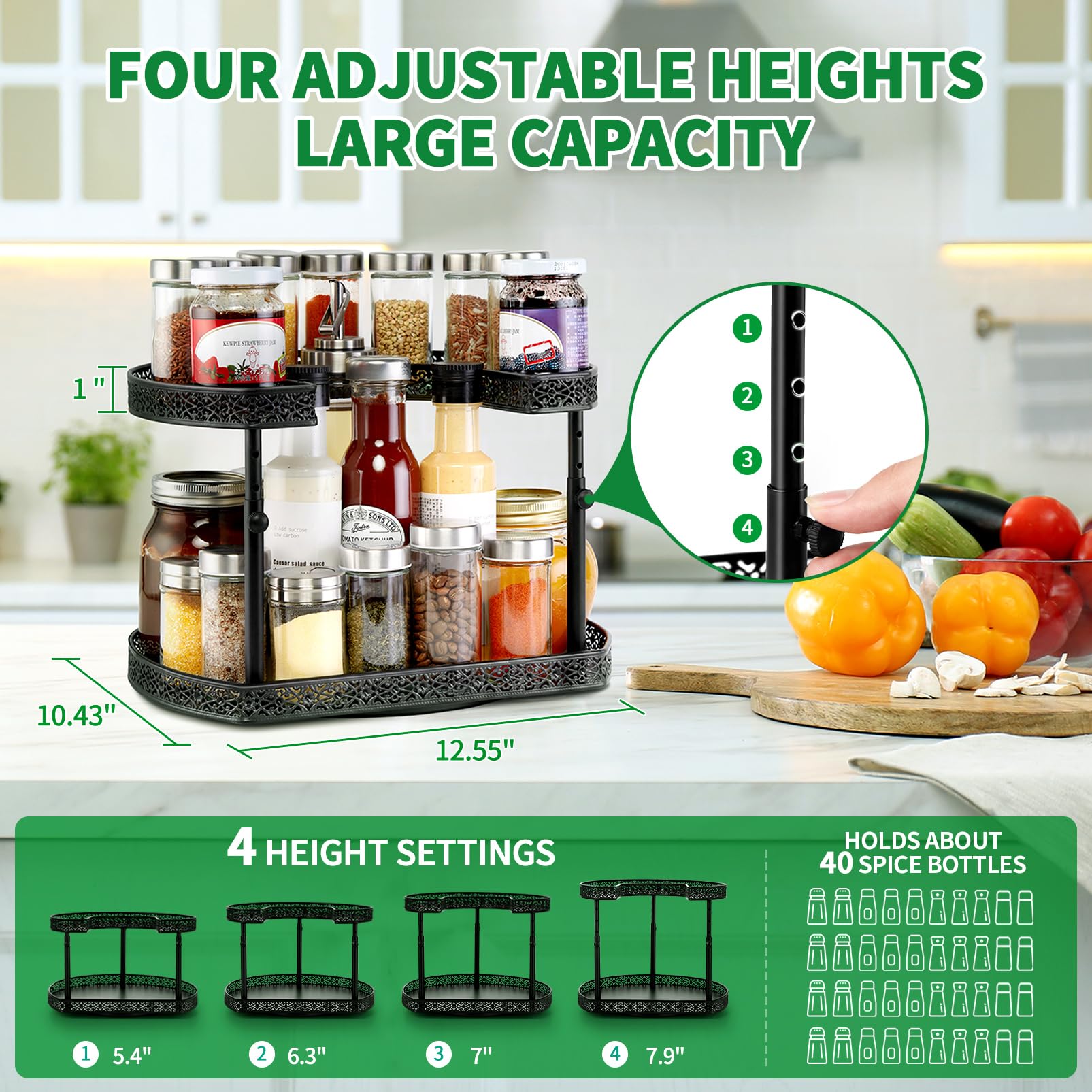 Spice Rack Lazy Susan Organizer - 2 Tier Rotating Spice Spinner for Cabinet with 4 Height Settings & Non-Slip Pad Kitchen Turntable Organization for Bathroom Pantry Countertop & Storage - Black Metal