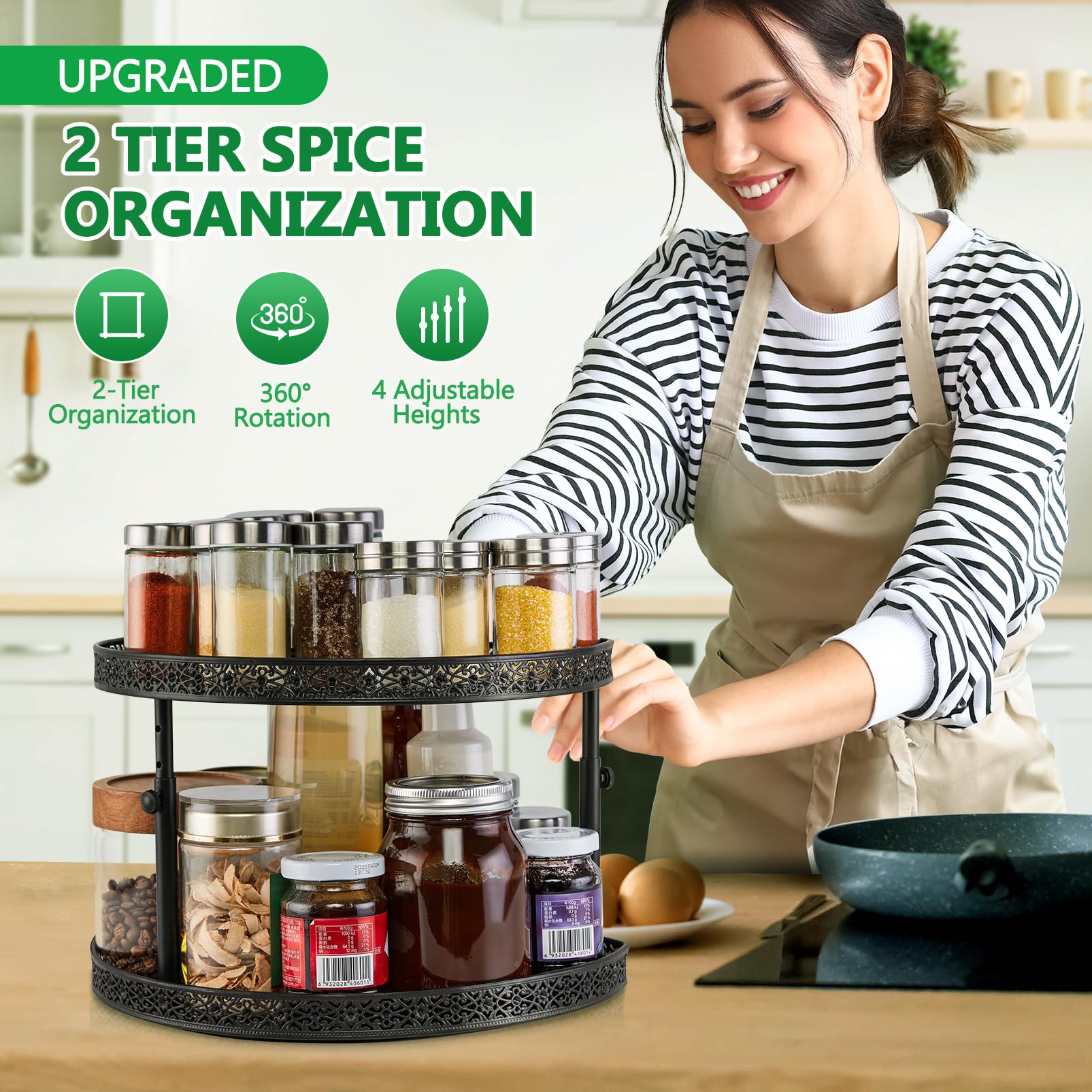 Spice Rack Lazy Susan Organizer - 2 Tier Rotating Spice Spinner for Cabinet with 4 Height Settings & Non-Slip Pad Kitchen Turntable Organization for Bathroom Pantry Countertop & Storage - Black Metal