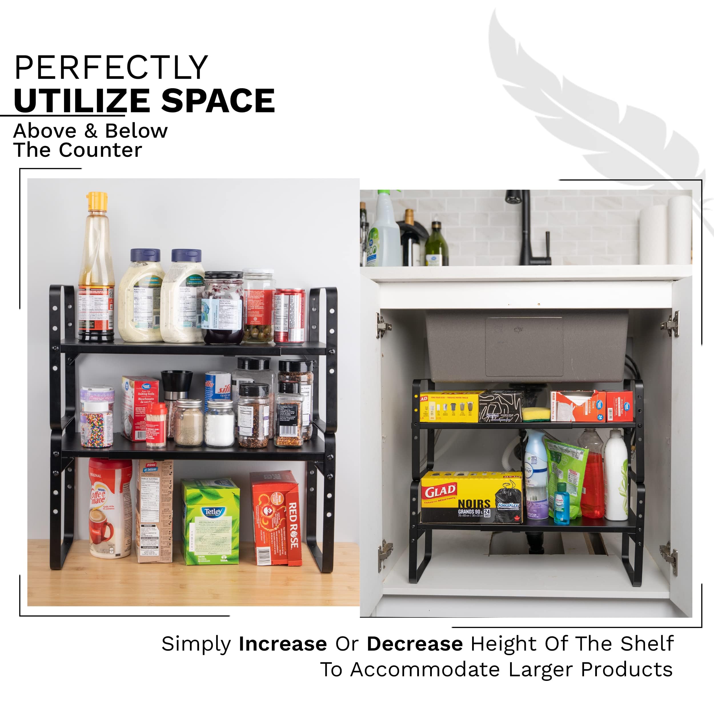 Expandable Kitchen Cabinet Shelf Organizers - Adjustable Height & Width Shelf Riser - Stackable Shelves - Pantry Shelf Organizer Rack - Cupboard Cabinet Storage Shelf Rack - Countertop Organizer