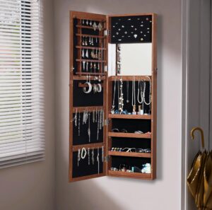 brefhome jewelry armoir, brown wood full length mirror jewelry cabinet with storage, necklace organizer, hanging jewelry holder organizer box