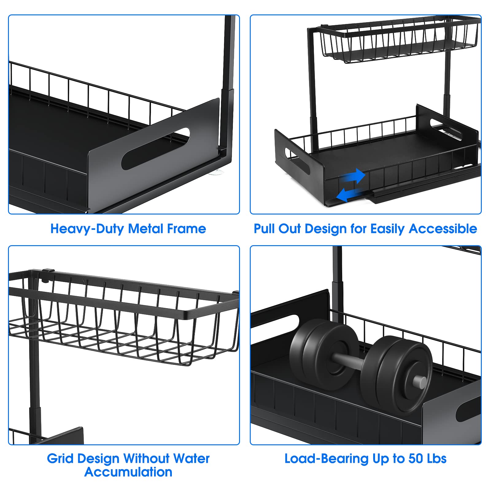 UINOFLE 2 Pack Under Sink Organizers and Storage, 2 Tier Sliding Cabinet Basket Organizer Drawer Pull Out Cabinet Organizer Multi-Purpose Under Sink Organizer for Bathroom Kitchen (Black)