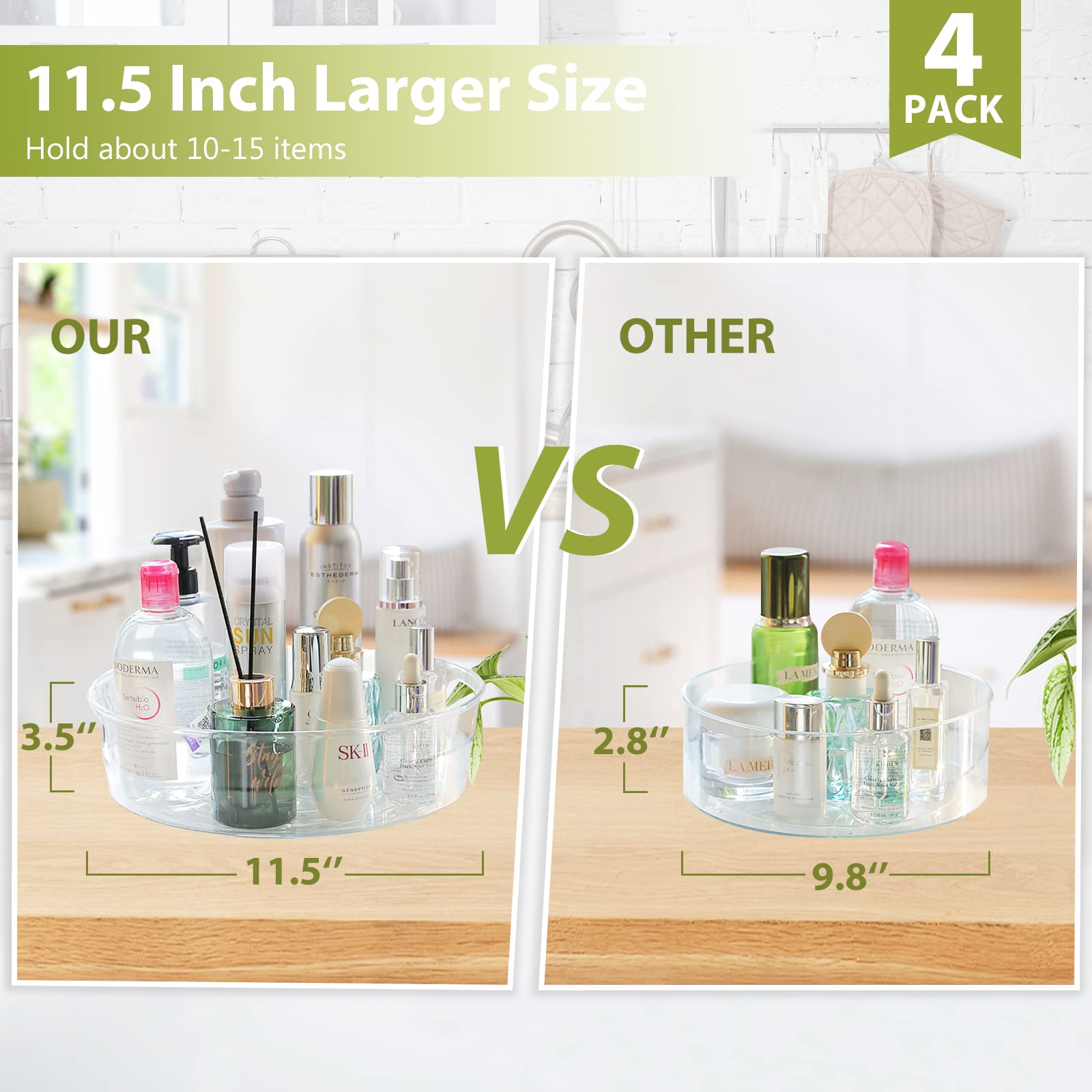 2 Pack Lazy Susan Organizer for Cabinet, Upgraded 11.5" Clear Lazy Susan Turntable with Handles and Raised Edge, Rotating Lazy Susan Spice Storage for Kitchen, Pantry, Refrigerator, Bathroom, Table