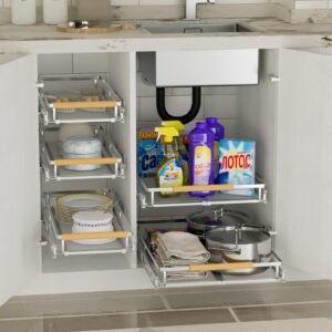 SANNO Pull Out Cabinet Organizer, Slide Out Cabinet Shelf,Under Sink Slide Out Cabinet Organizer, Pots Pans Organizer Smooth Roll,Expandable Width 16.1~26.4" W