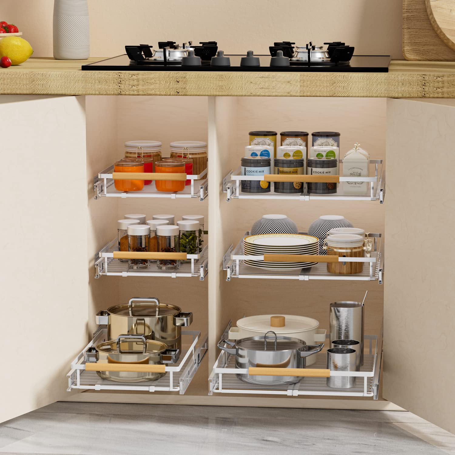 SANNO Pull Out Cabinet Organizer, Slide Out Cabinet Shelf,Under Sink Slide Out Cabinet Organizer, Pots Pans Organizer Smooth Roll,Expandable Width 16.1~26.4" W