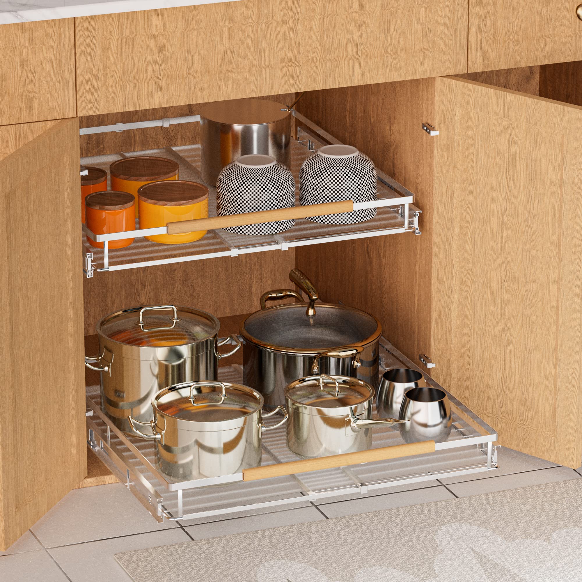 SANNO Pull Out Cabinet Organizer, Slide Out Cabinet Shelf,Under Sink Slide Out Cabinet Organizer, Pots Pans Organizer Smooth Roll,Expandable Width 16.1~26.4" W