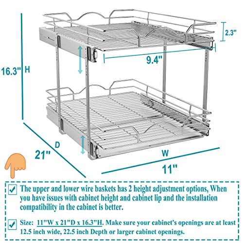 OCG 2 Tier Pull Out Cabinet Organizer (11" W x 21" D), Pull out Drawers for Kitchen Cabinets, Pull Out Shelves for Base Cabinet Organization in Kitchen Bathroom Pantry, Chrome Finish