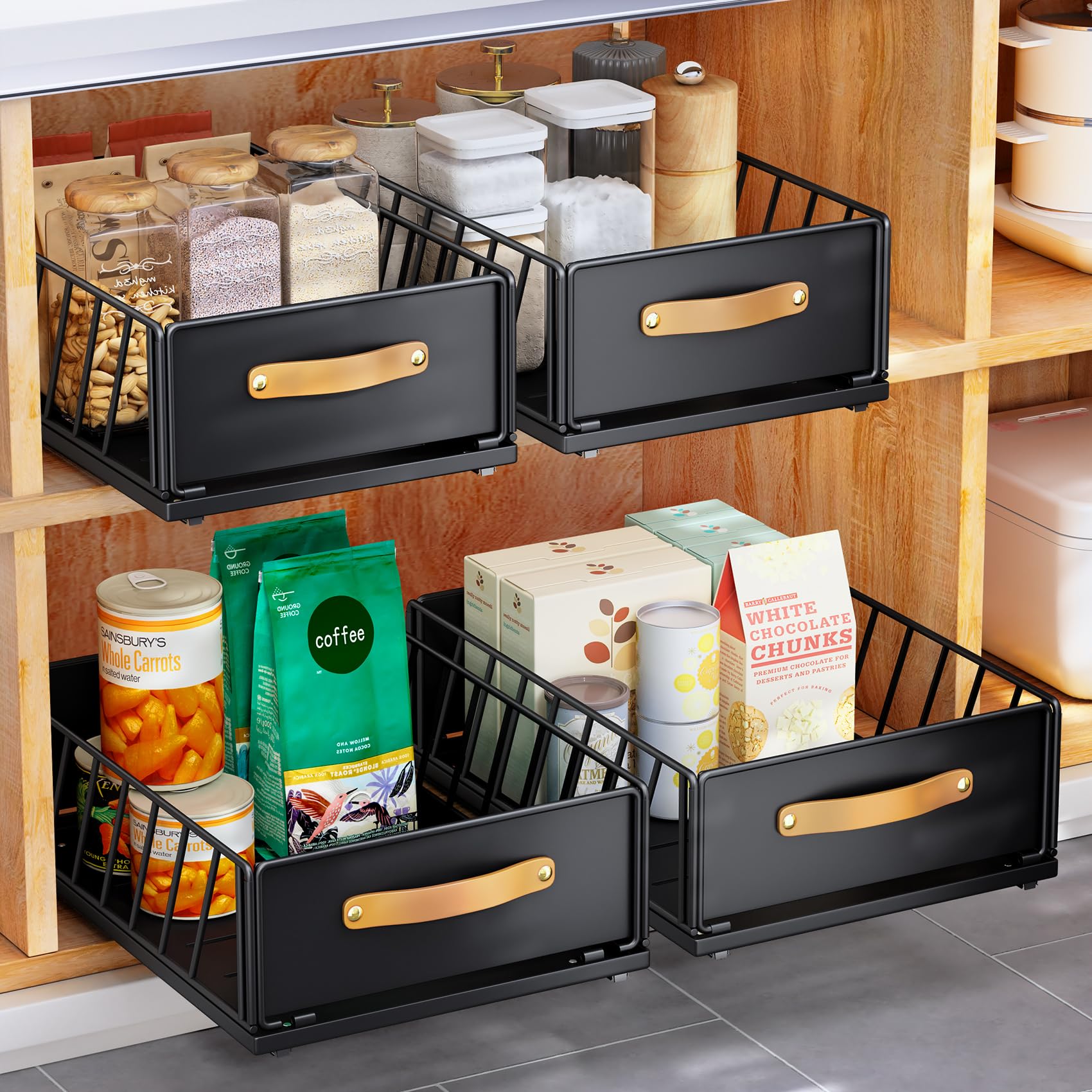 Pull out Cabinet Organizer Fixed with Adhesive Nano Film,Heavy Duty Slide out Pantry Shelves Drawer Storage,Sliding Mesh Cabinet Basket with Handle for Kitchen, Bathroom,Home,15.7"X 9.8"X 6.2"