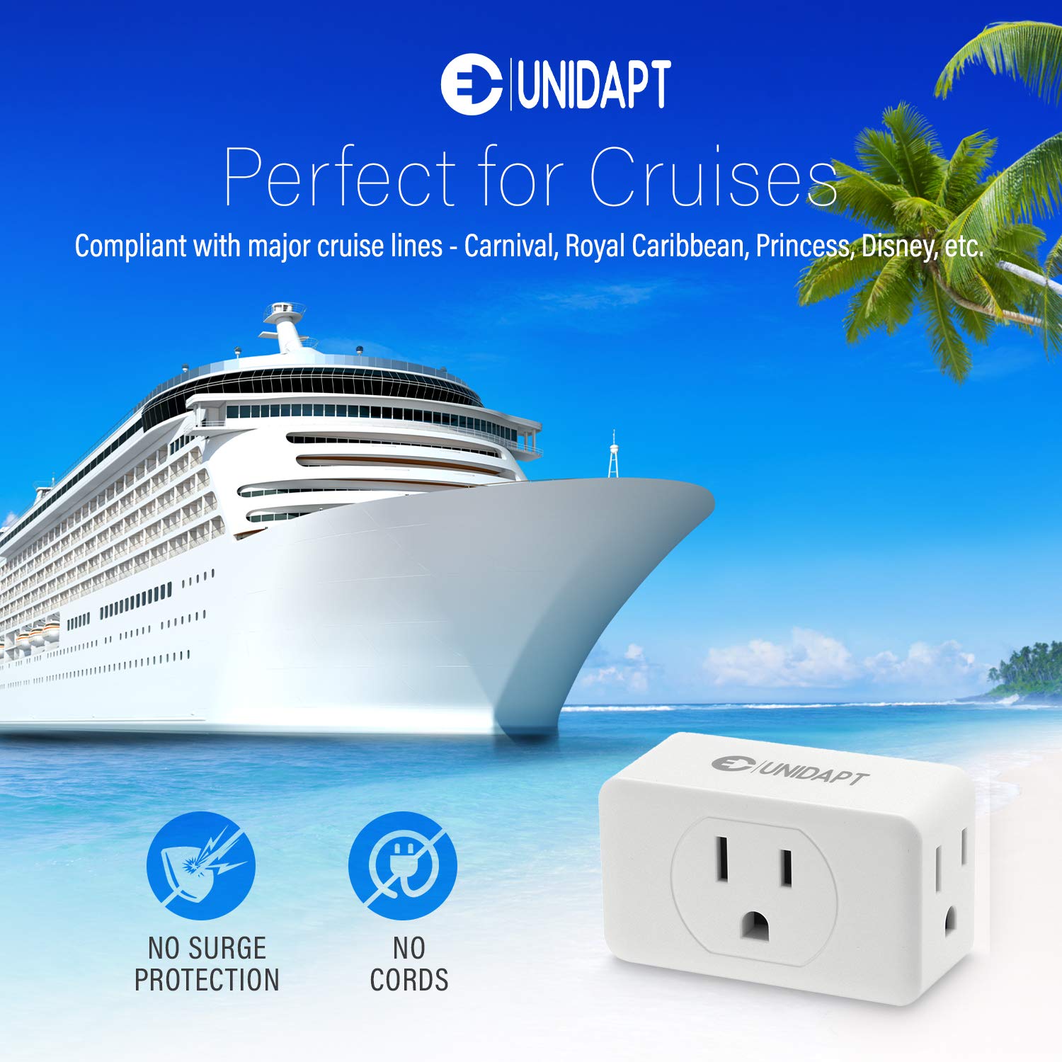 Unidapt Multi Plug Outlet Extender, 3 Outlet Wall Adapter, Multiple Outlet Splitter, Grounded Wall Tap Power Plug Expander for Cruise Ship Home Office Dorm Essentials, 2-Pack