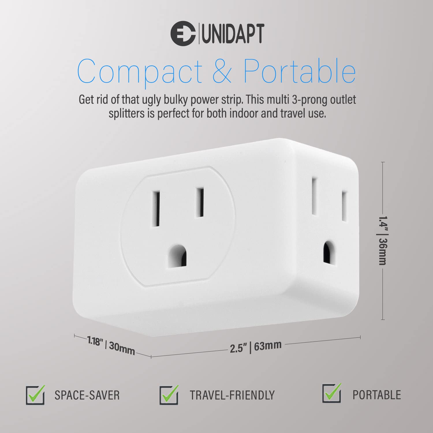 Unidapt Multi Plug Outlet Extender, 3 Outlet Wall Adapter, Multiple Outlet Splitter, Grounded Wall Tap Power Plug Expander for Cruise Ship Home Office Dorm Essentials, 2-Pack