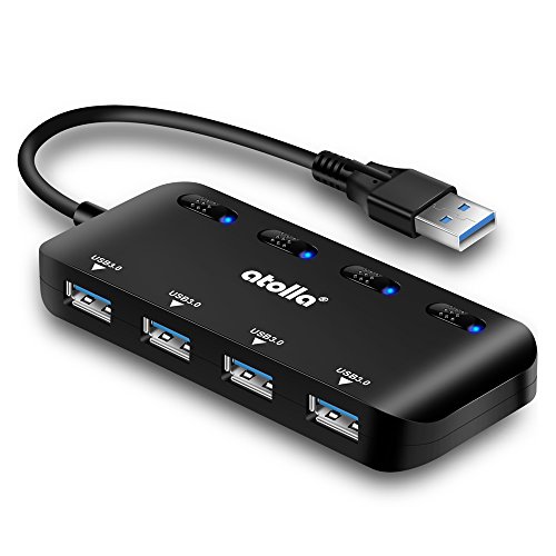 USB 3.0 Hub Splitter - USB Extender 4 Port USB Ultra Slim Data Hub with Individual Power Switch and LED