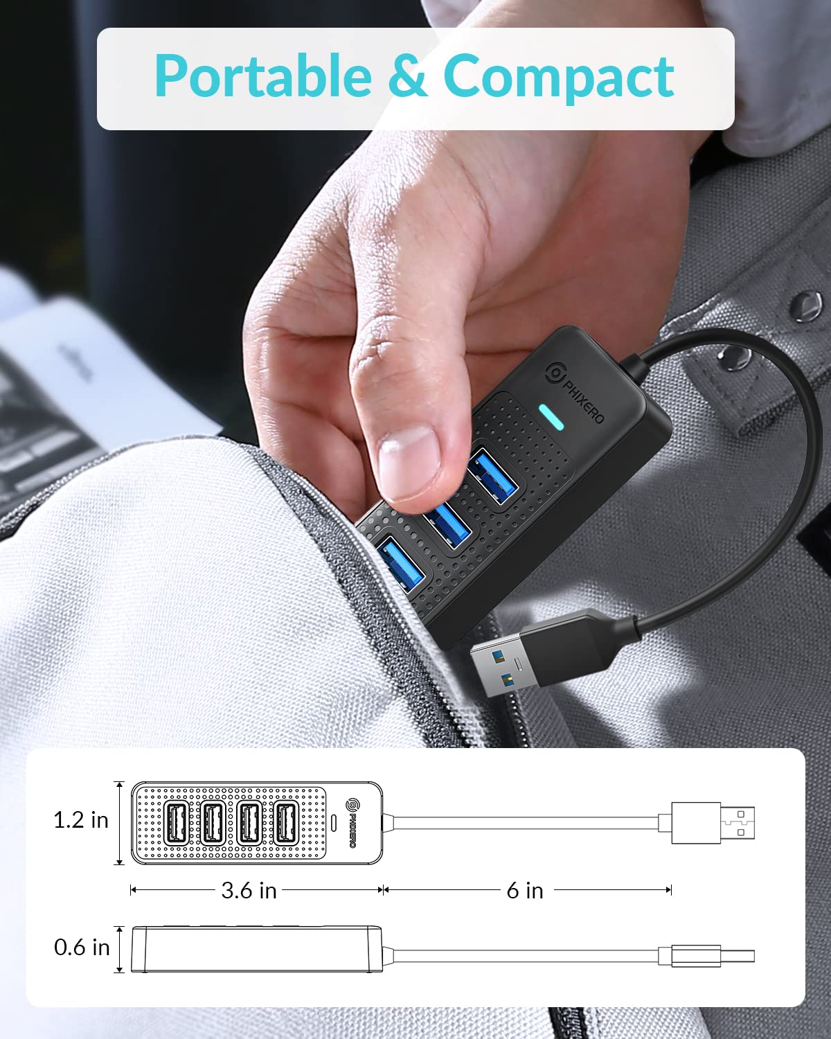 USB Hub, PHIXERO 4-Port 3.0 Hub Multi Port Expander, Fast Data Transfer Splitter for Laptop, Compatible with All Device