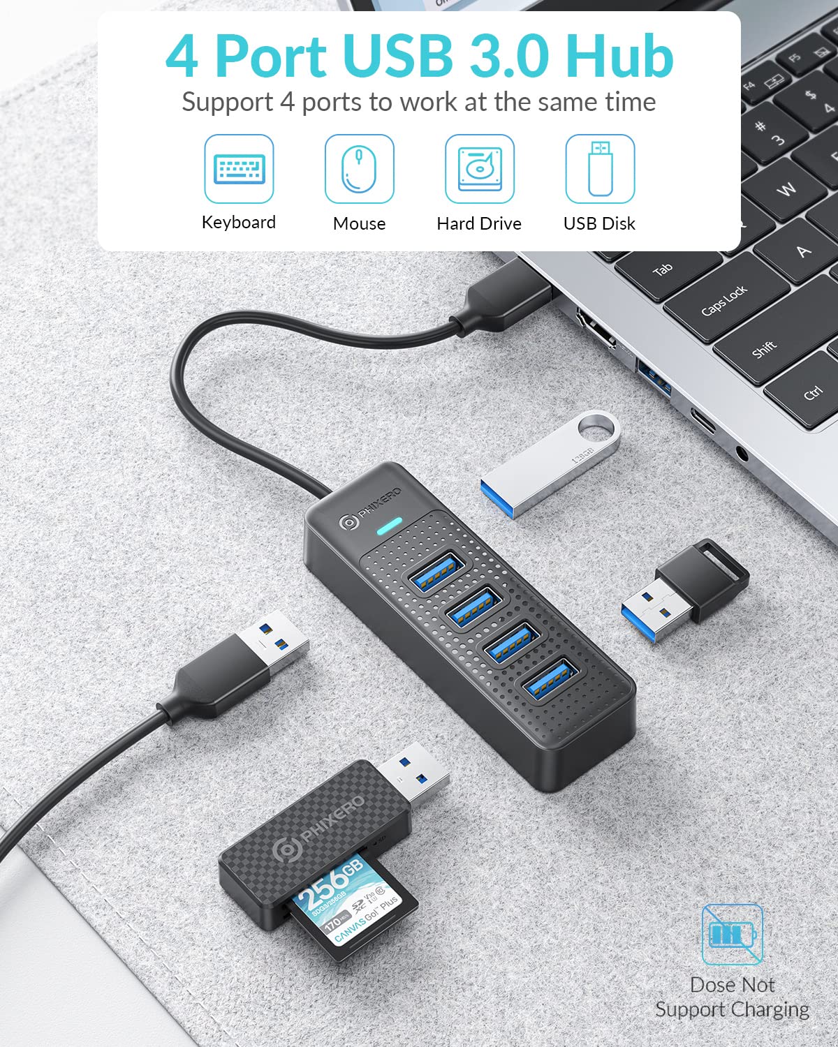 USB Hub, PHIXERO 4-Port 3.0 Hub Multi Port Expander, Fast Data Transfer Splitter for Laptop, Compatible with All Device