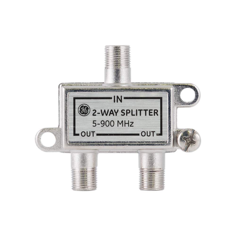 GE 2-Way Coaxial Cable Splitter, 5-900 Mhz Range, RG59 RG6 Coax Compatible, Audio, Video, Works with HD TV, Cable, Amplifiers, Amplified Antennas, Nickel, Corrosion Resistant, 35046