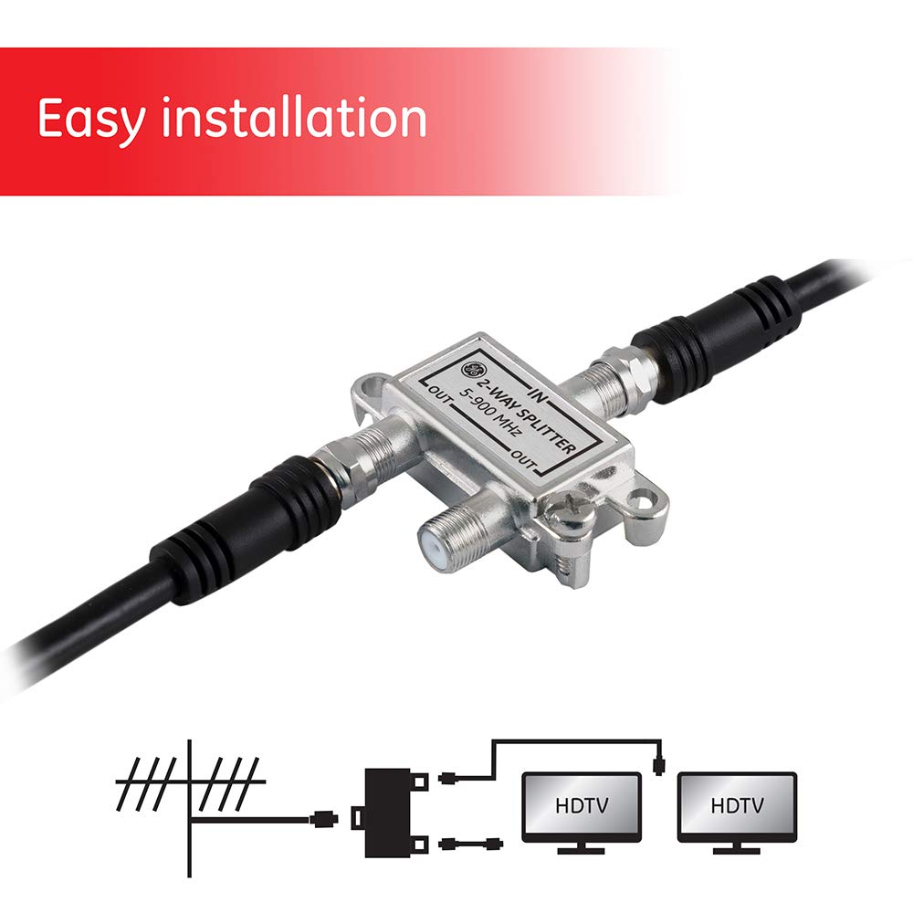 GE 2-Way Coaxial Cable Splitter, 5-900 Mhz Range, RG59 RG6 Coax Compatible, Audio, Video, Works with HD TV, Cable, Amplifiers, Amplified Antennas, Nickel, Corrosion Resistant, 35046