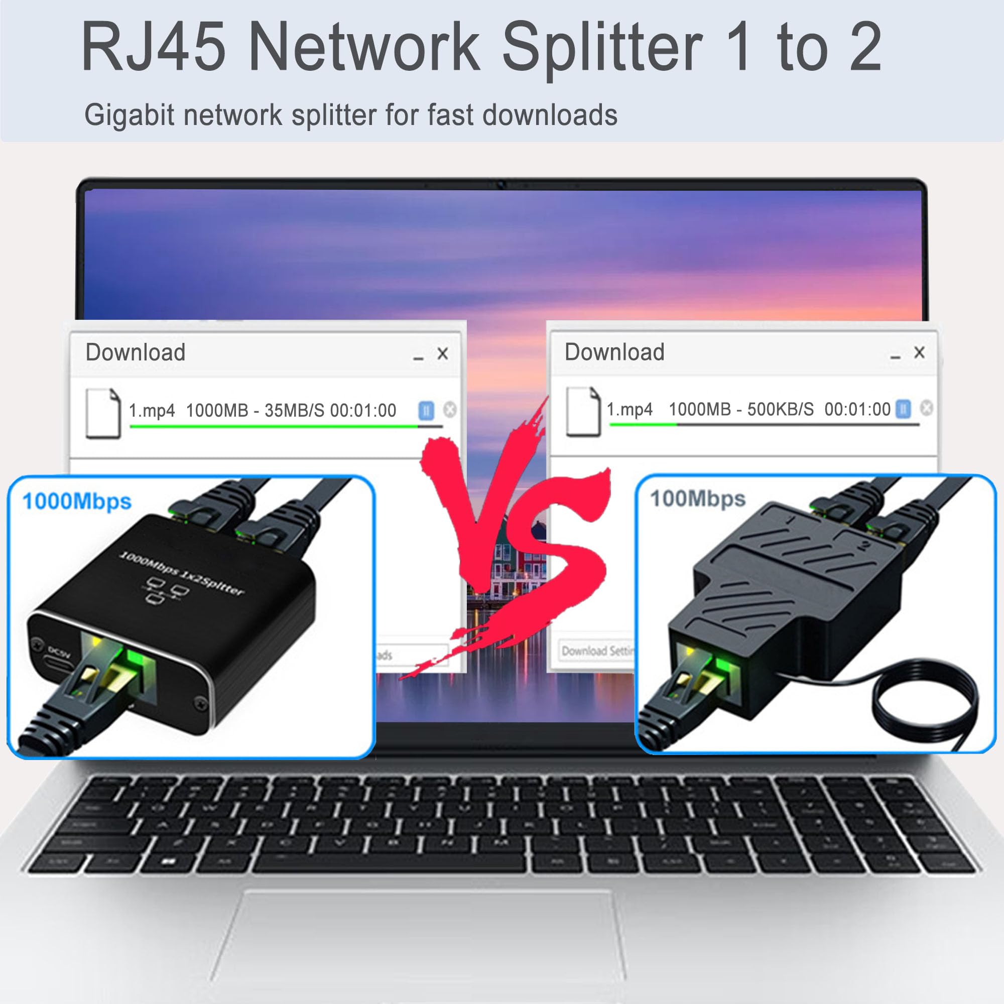 LIEZHUA Gigabit Ethernet Splitter 1 to 2 - Network Splitter with USB Power Cable, RJ45 Internet Splitter Adapter 1000Mbps High Speed for Cat 5/5e/6/7/8 Cable [2 Devices Networked Simultaneously]