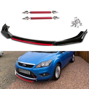 xotic tech front bumper lip chin spoiler splitter diffuser protector body kit with adjustable 10"-13" support splitter rod compatible with honda accord civic, volkswagen mk5 mk6 mk7, black w/red