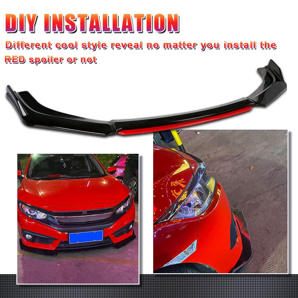 Xotic Tech Front Bumper Lip Chin Spoiler Splitter Diffuser Protector Body Kit with Adjustable 10"-13" Support Splitter Rod Compatible with Honda Accord Civic, Volkswagen MK5 MK6 MK7, Black w/Red