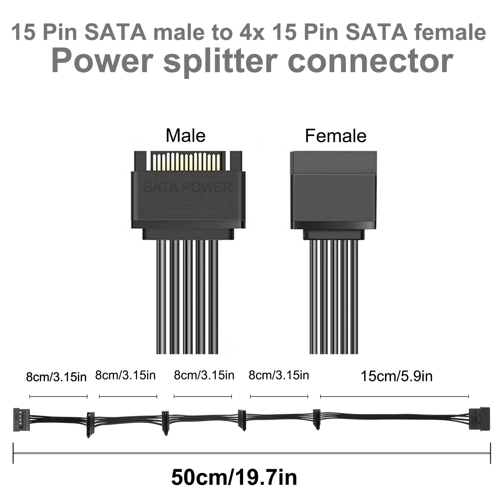 OHKIKOME SATA Power Splitter Cable 19.7 in (500 mm) - 15 Pin SATA 1 Male to 5 Female Power Splitter Adapter Cable Powers up to 5 HDD, SSD, Optical Drives (1, Black)