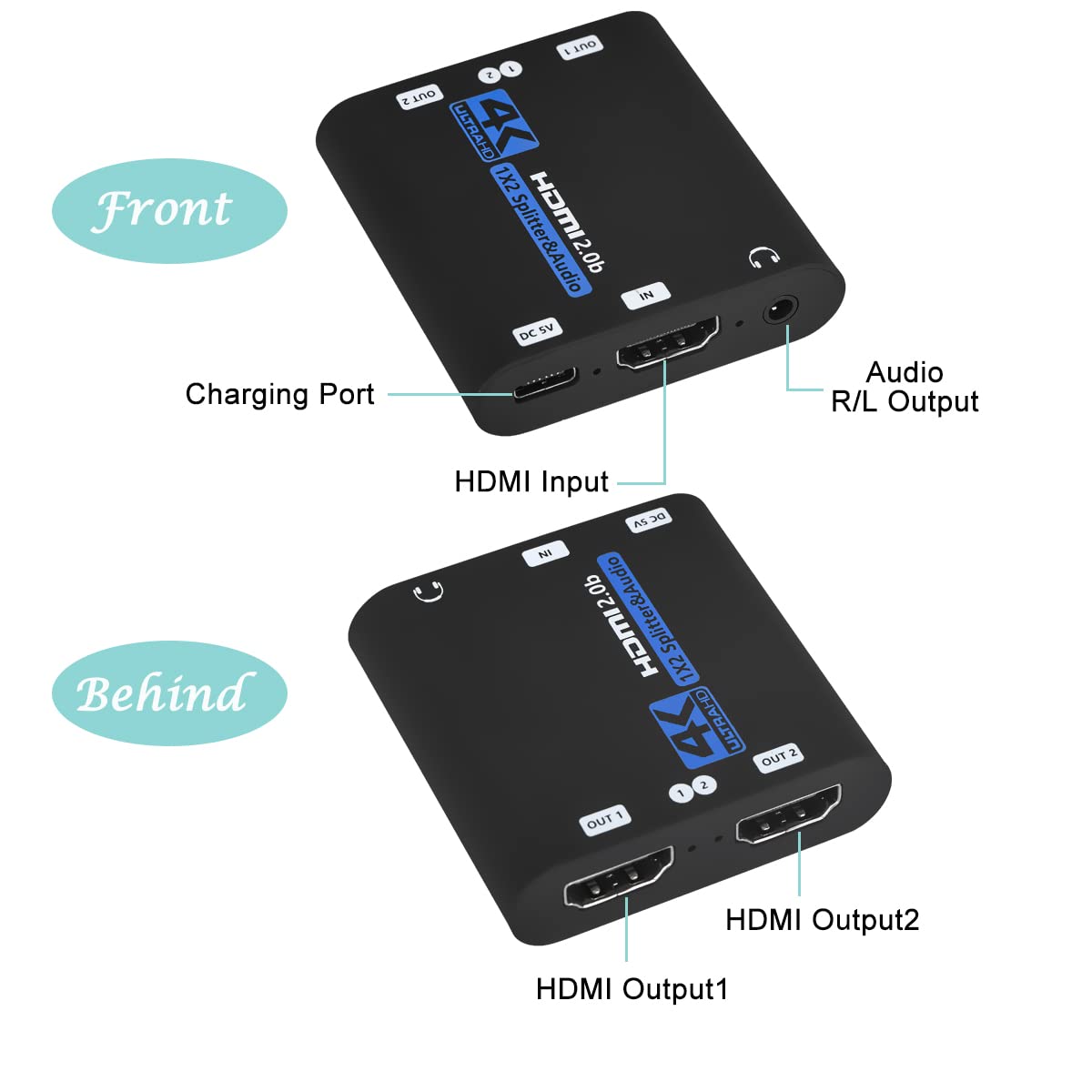 HDMI Splitter 1x2 with Audio Extractor, 1 in 2 Out Audio Video Distributor Box, HDMI 2.0b, HDCP 2.2, HDR, Support 4K@60Hz Ultra HD 3D for PS4, Xbox, STB, Blu-ray DVD Players Etc (Blue)