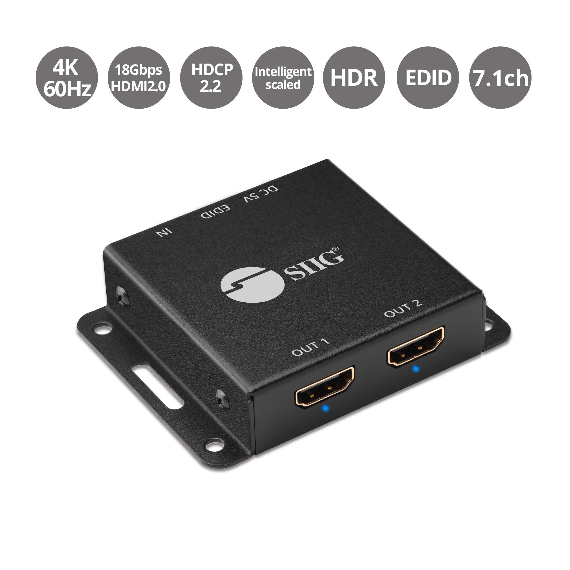 SIIG 1x2 Port HDMI 2.0 Splitter 4K 60Hz HDR Compact USB Powered Auto Scaling HDMI Splitter - HDMI 2.0a HDCP 2.2, 18Gbps, YUV 4:4:4, 3D, EDID, Dolby Digital - 1 in 2 Out, TAA compliant (CE-H23K11-S1)