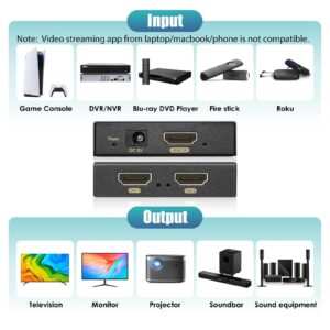 HBAVLINK 4K HDMI Splitter 1 in 2 out 60Hz- HDCP 2.2/2.3 Bypass, HDR, Dolby Atmos/DTS5.1/7.1 - Compatible with PS5/PS4/PS3, Apple TV, Xbox, Cable Box, Roku Stick, etc.