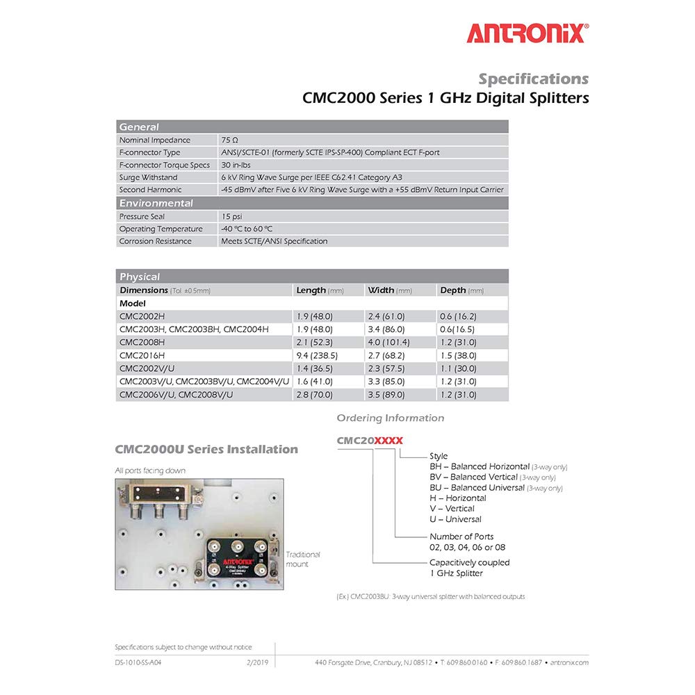 Antronix CMC2002H 2-Way- (5) Pack - Horizontal Splitter (2) -3.5db Ports 5-1002 MHz High Performance Profession Quality for Coax Cable TV & Internet Factory Sealed with Screws