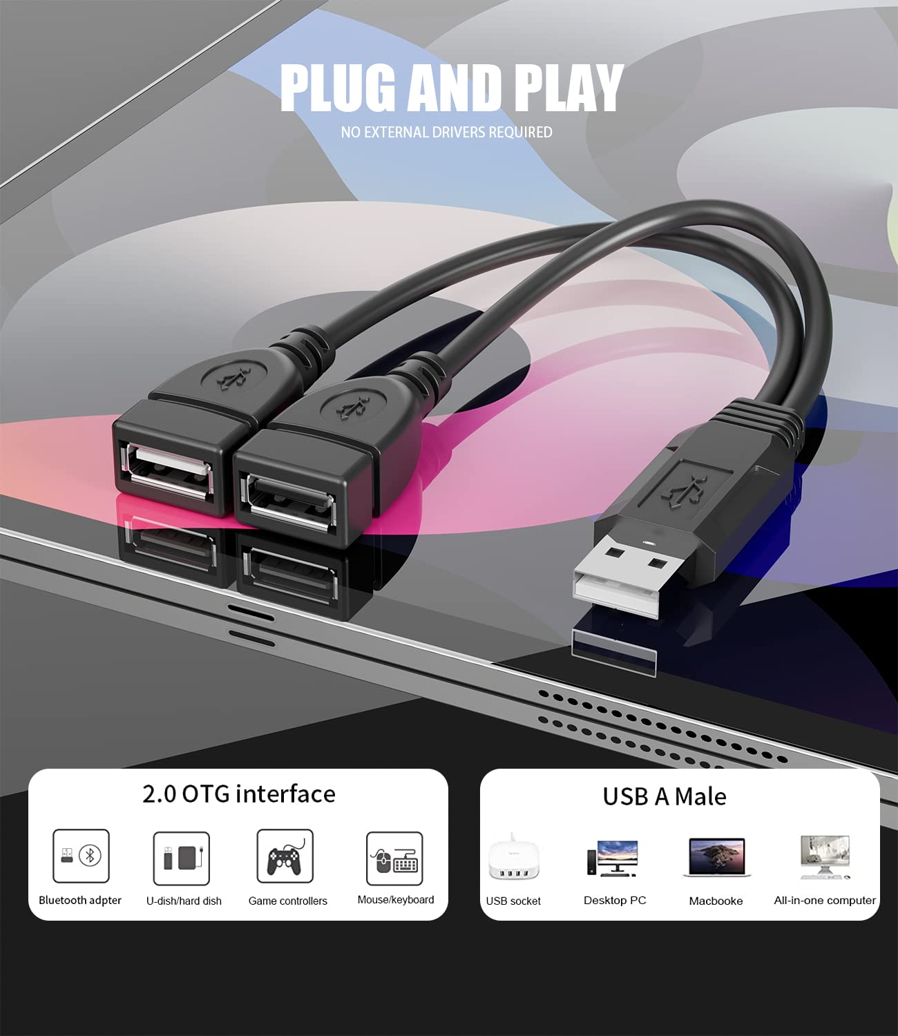 Eanetf USB Cable, 2-Port USB 2.0 Male to Female Splitter, High-Speed Charging & Data Transfer for Laptop, Car, Mac, TV, PC, Xbox, HDD